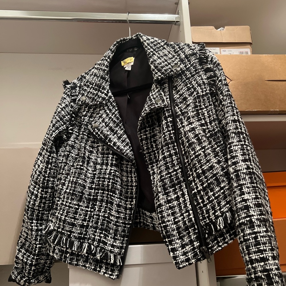 Women’s blazer jacket, black, and white size medium